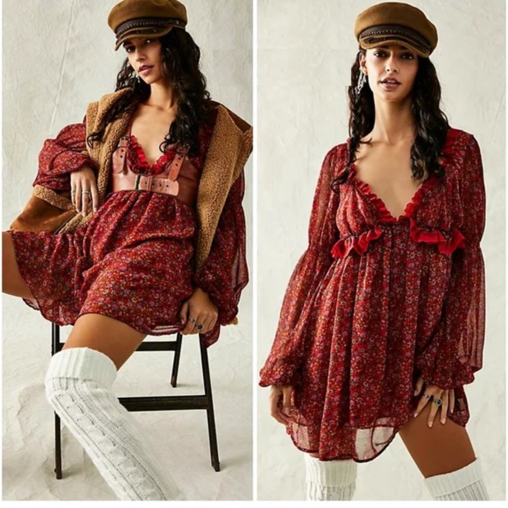 NEW Free People Pennie Mini Dress Cherry Combo Red Ruffle Puff Long Sleeve